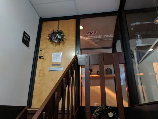 The entrance to Suite 200 at 100 E Irving Park Rd, its glass etched American Medical Billing, Inc.