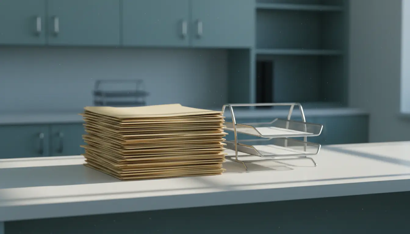 Closed manila folders squared on a laminate counter beside an empty wire in-tray in a quiet administrative office